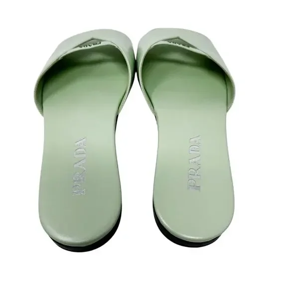 Prada Acqua Green Leather Flat Slide Sandals Size 38 with Box
